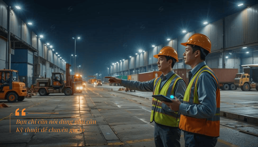 Quản lý kho trao đổi với kỹ sư tư vấn tại công trình, tay chỉ vào từng khu vực đèn chiếu sáng ngoài trời đang hoạt động rõ ràng.