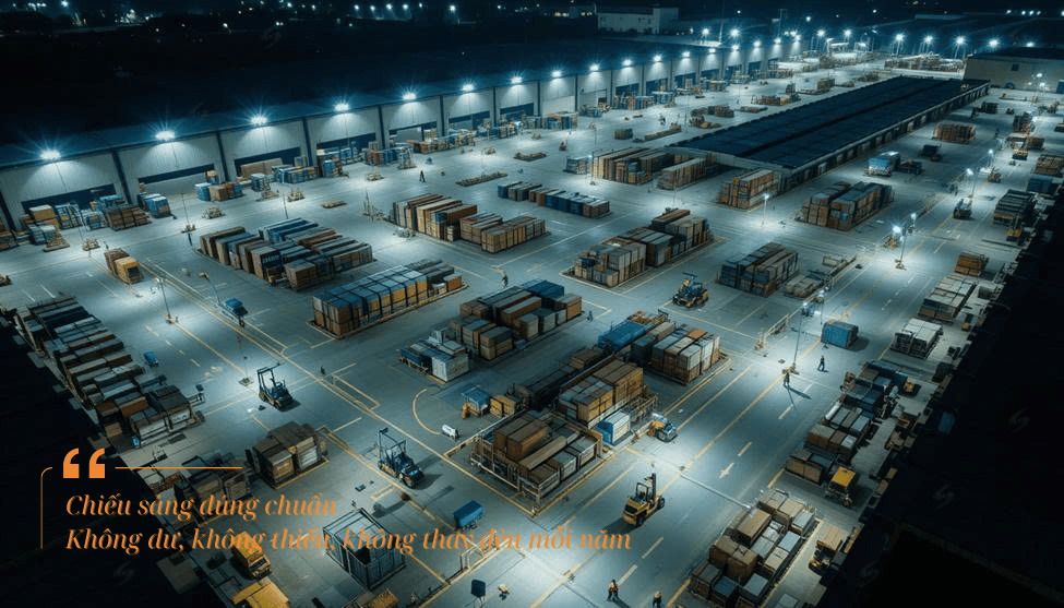 sân kho được chiếu sáng đồng đều rõ khắp từng lối đi