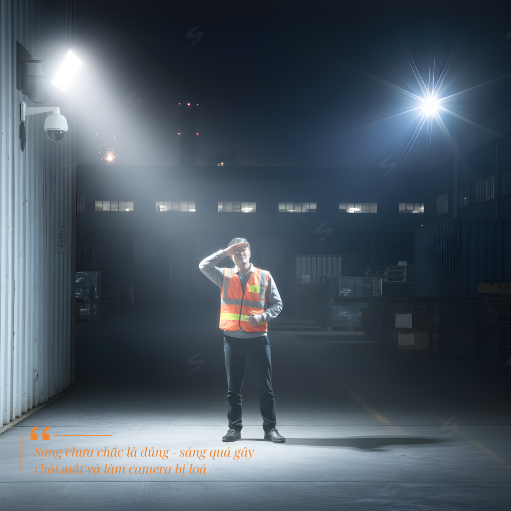 Quản lý kho đang che mắt vì ánh sáng đèn pha led ngoài trời chói