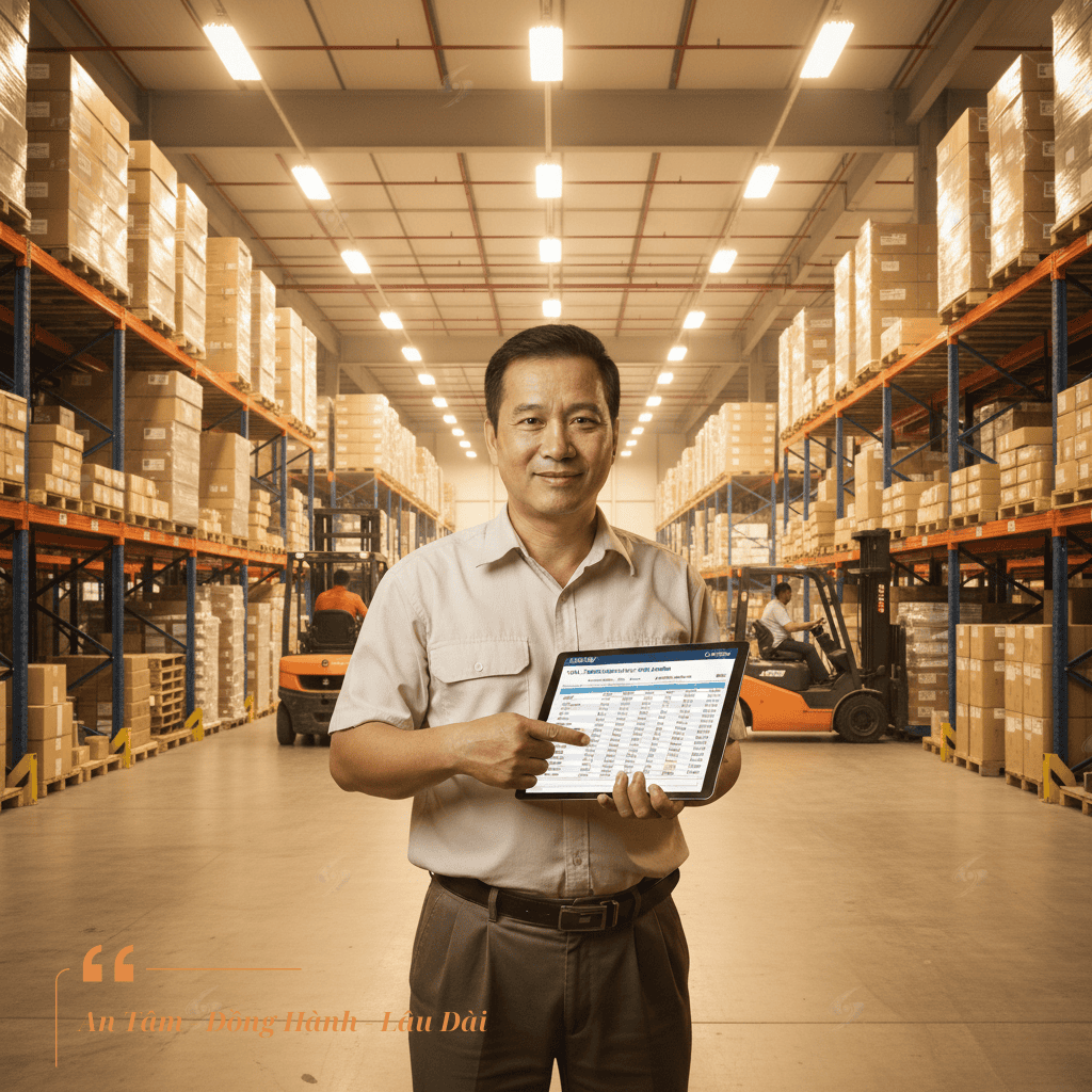 Chủ xưởng xem bảng chi phí 5 năm, phía sau là nhà xưởng sáng đều, vận hành an toàn