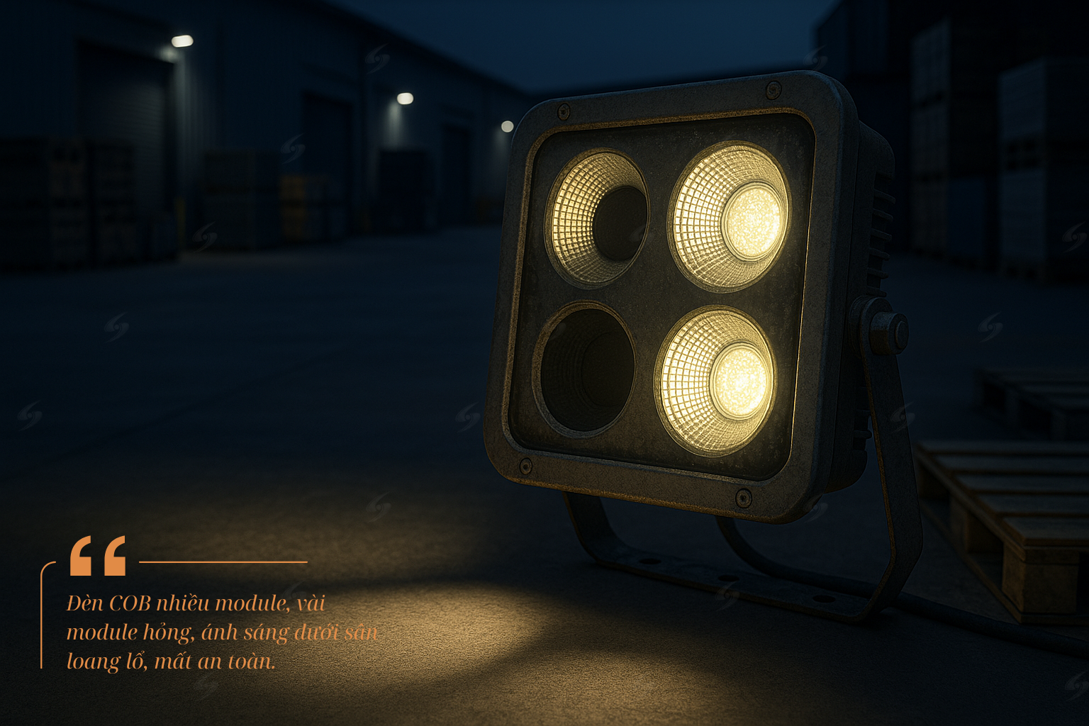 Đèn pha led nhà xưởng loại COB nhiều module, vài module đã tắt hẳn, ánh sáng trên sàn bị loang lổ.
