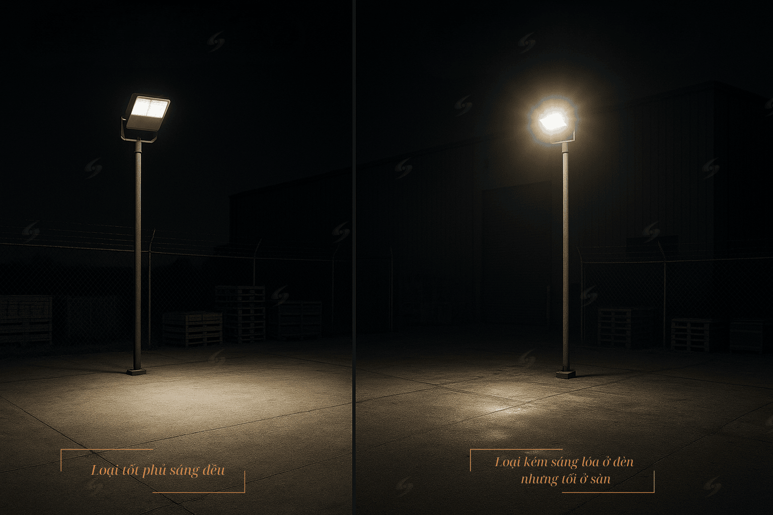 So sánh thấu kính đèn pha LED nhà xưởng: loại tốt phủ sáng đều, loại kém sáng loá ở đèn nhưng tối ở sàn, xuất hiện hot spot.