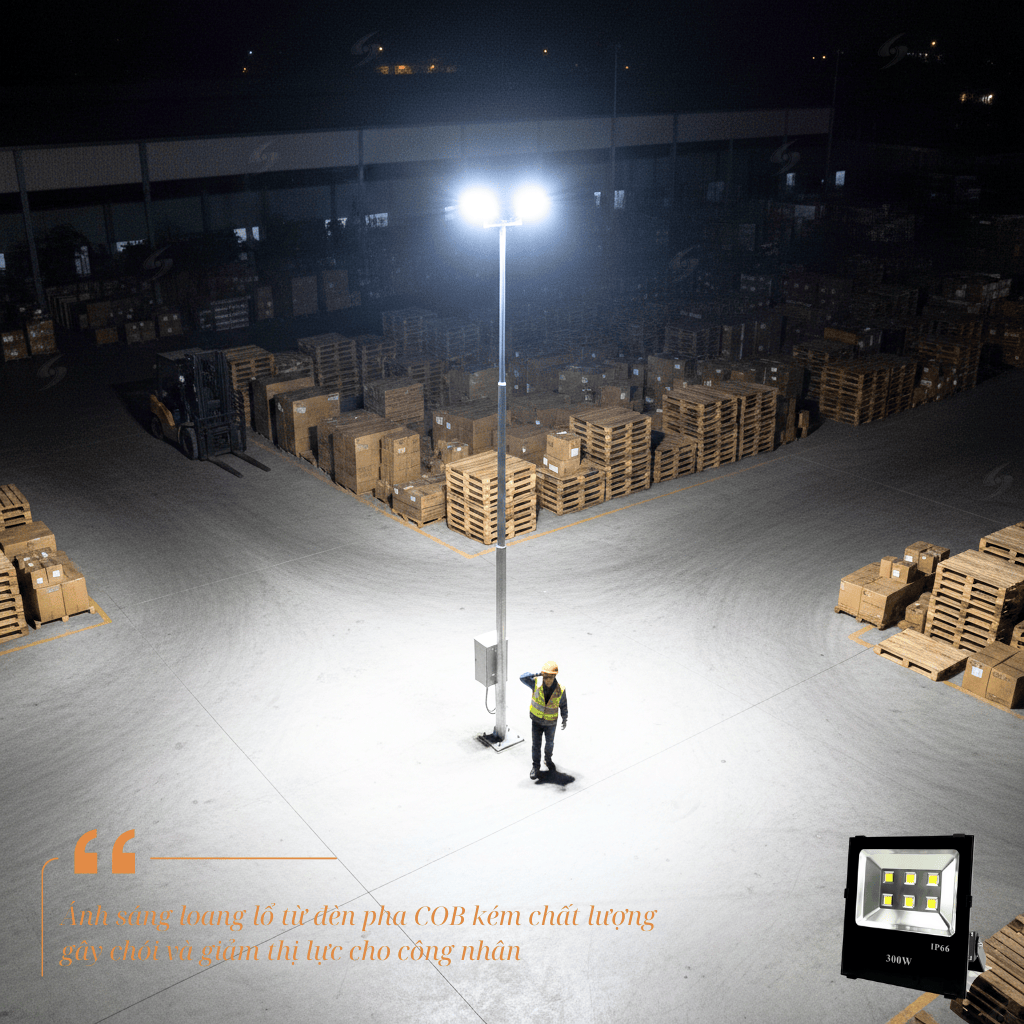 Ánh sáng loang lổ từ đèn pha COB kém chất lượng gây chói và giảm thị lực cho công nhân