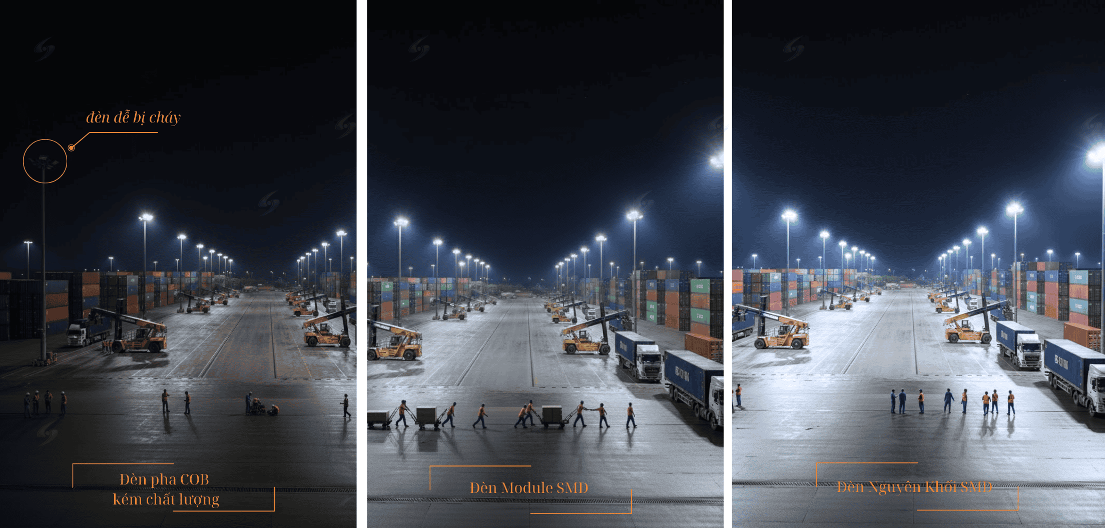 So sánh ánh sáng đèn pha ngoài trời COB, module SMD và nguyên khối SMD.