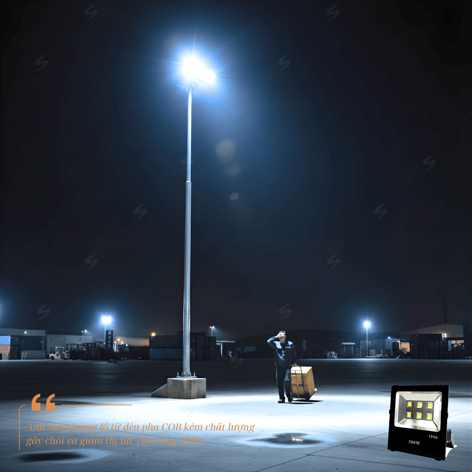 Công nhân làm việc dưới ánh sáng đèn pha ngoài trời không đồng đều, dễ mỏi mắt.