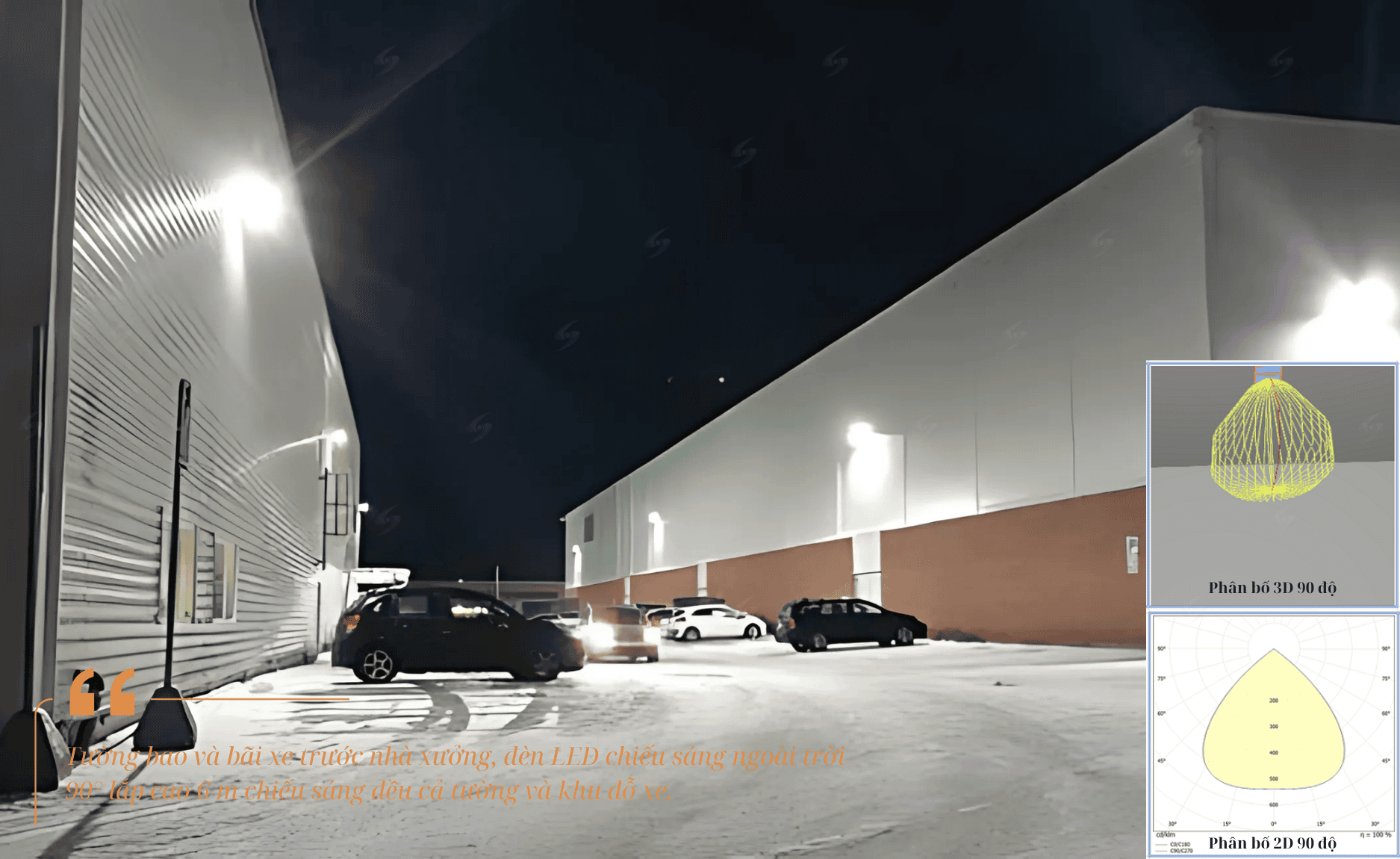 Tường bao và bãi xe trước nhà xưởng, đèn LED chiếu sáng ngoài trời 90° lắp cao 6 m chiếu sáng đều cả tường và khu đỗ xe.