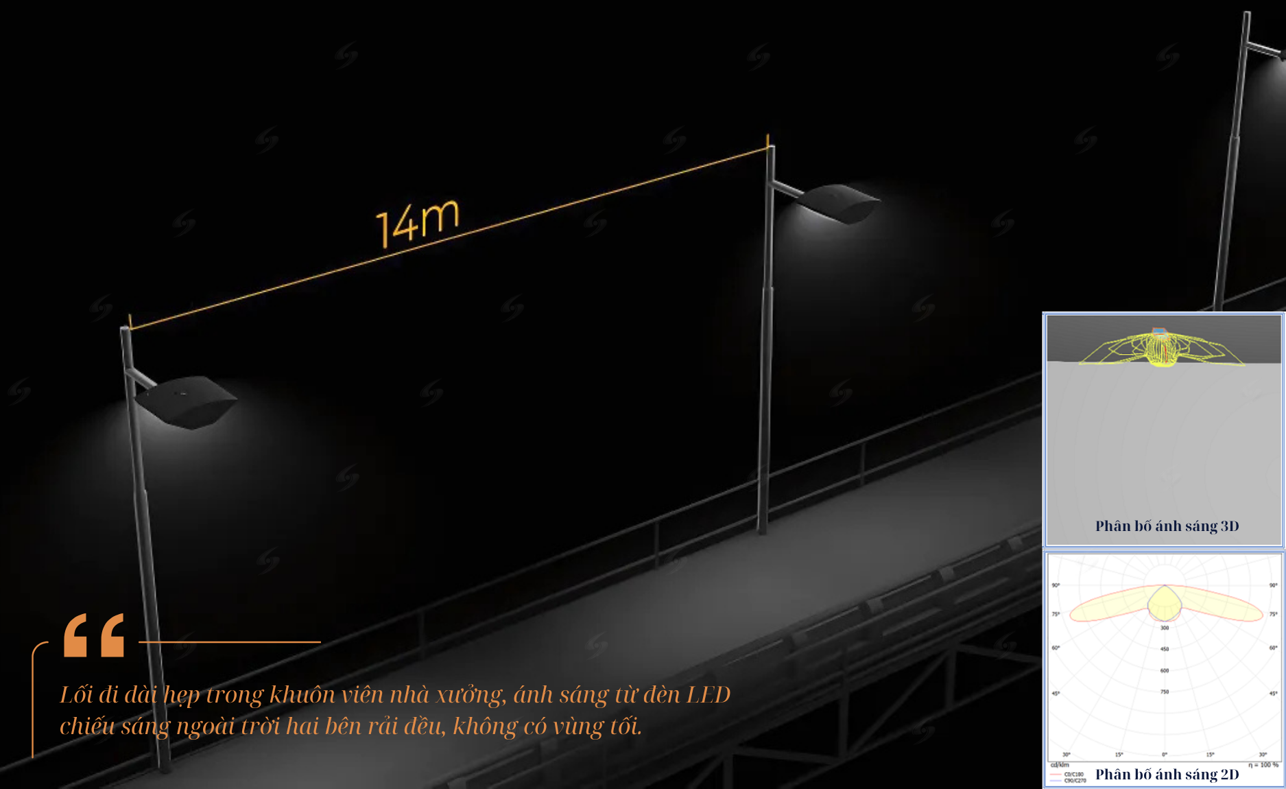 Lối đi dài hẹp trong khuôn viên nhà xưởng, ánh sáng từ đèn LED chiếu sáng ngoài trời hai bên rải đều, không có vùng tối.
