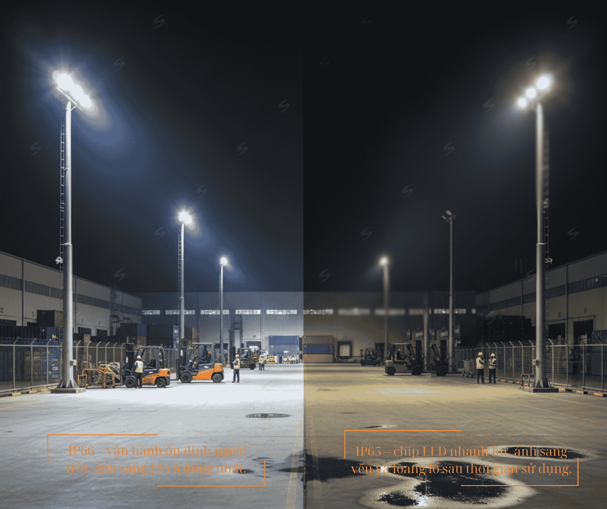 So sánh hai khu sân nhà xưởng: bên trái dùng đèn LED ngoài trời chống nước IP66 sáng đều, bên phải đèn giá rẻ bị mờ ánh sáng do thấm nước.