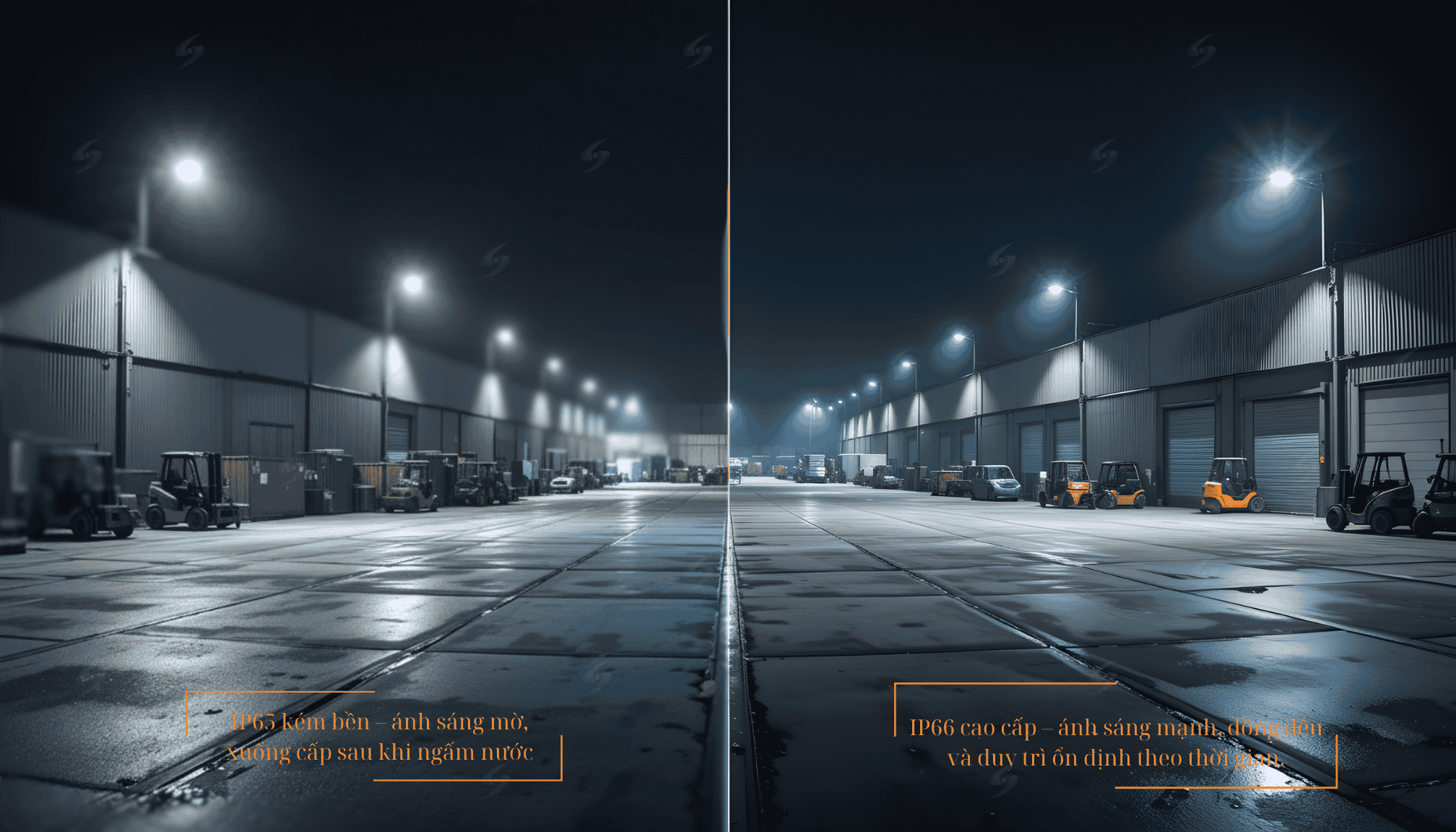 So sánh sân xưởng ban đêm: bên trái dùng đèn LED pha ngoài trời IP66 sáng rõ, bên phải đèn rẻ IP65 ánh sáng tối mờ.