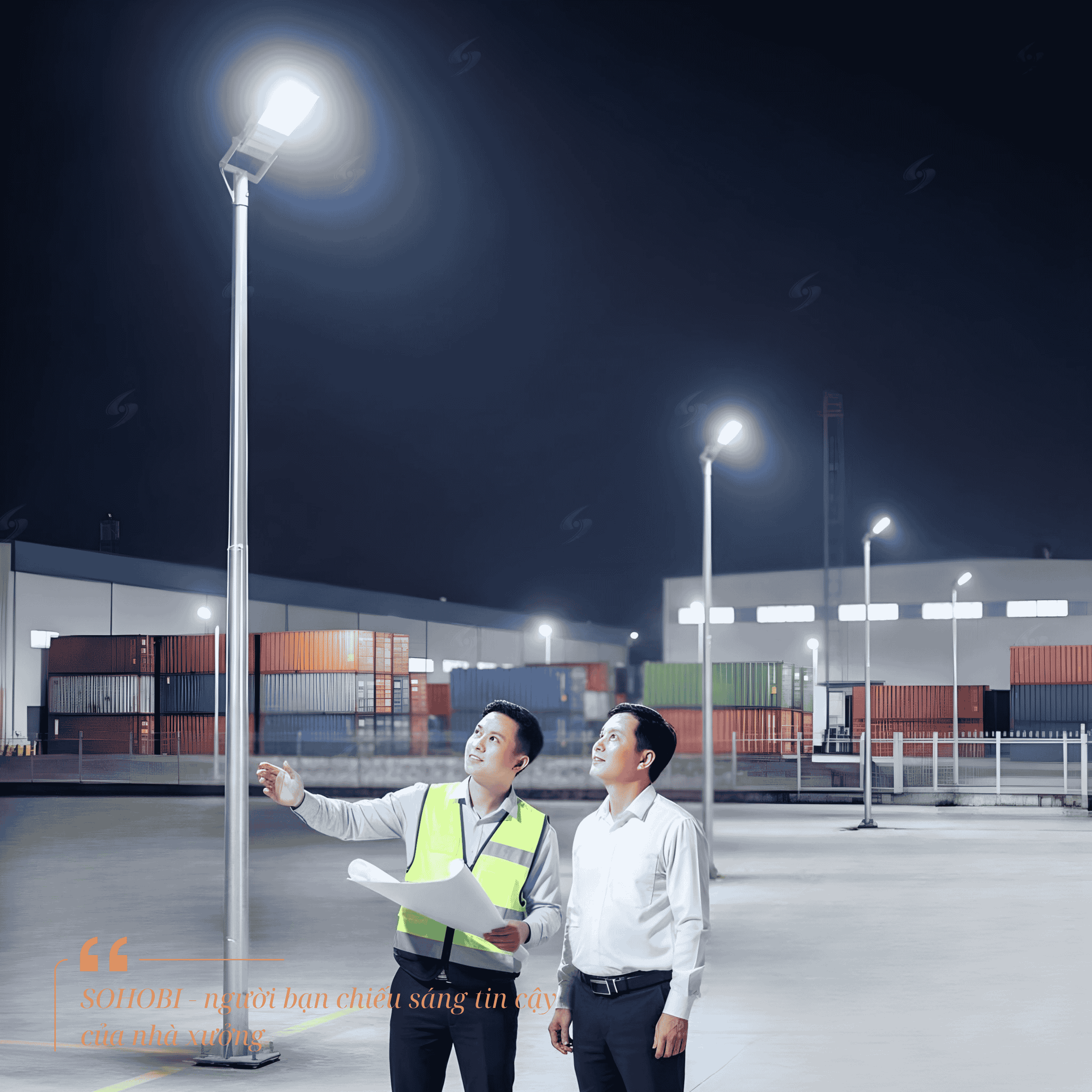 Kỹ sư SOHOBI tư vấn giải pháp đèn LED pha ngoài trời IP66 cho nhà xưởng, khảo sát và đồng hành cùng chủ đầu tư.
