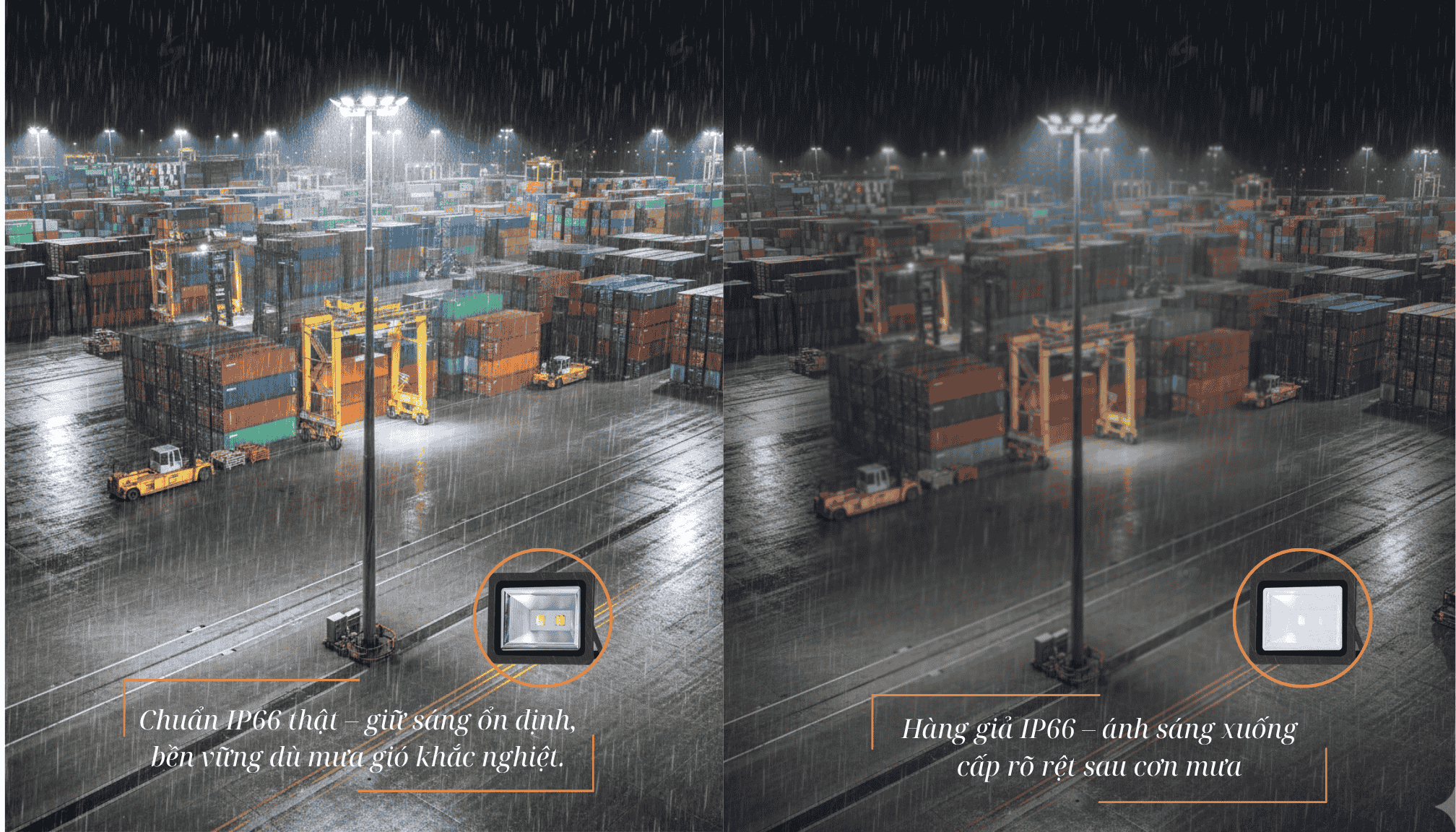So sánh sân xưởng ban đêm: bên trái dùng đèn LED pha ngoài trời IP66 sáng rõ, bên phải đèn rẻ IP65 ánh sáng tối mờ.