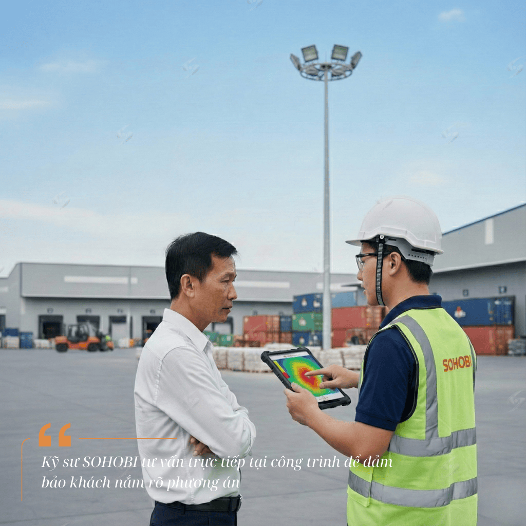 Thi công đèn LED ngoài trời cho sân kho nhà xưởng