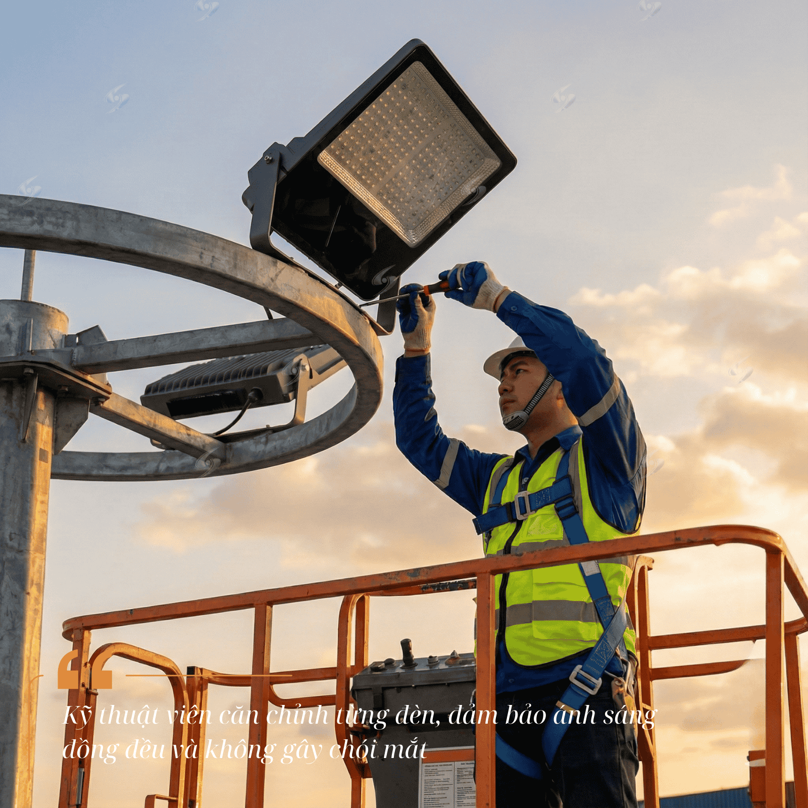 Kỹ thuật viên căn chỉnh từng đèn để ánh sáng đồng đều và dễ chịu cho mắt.