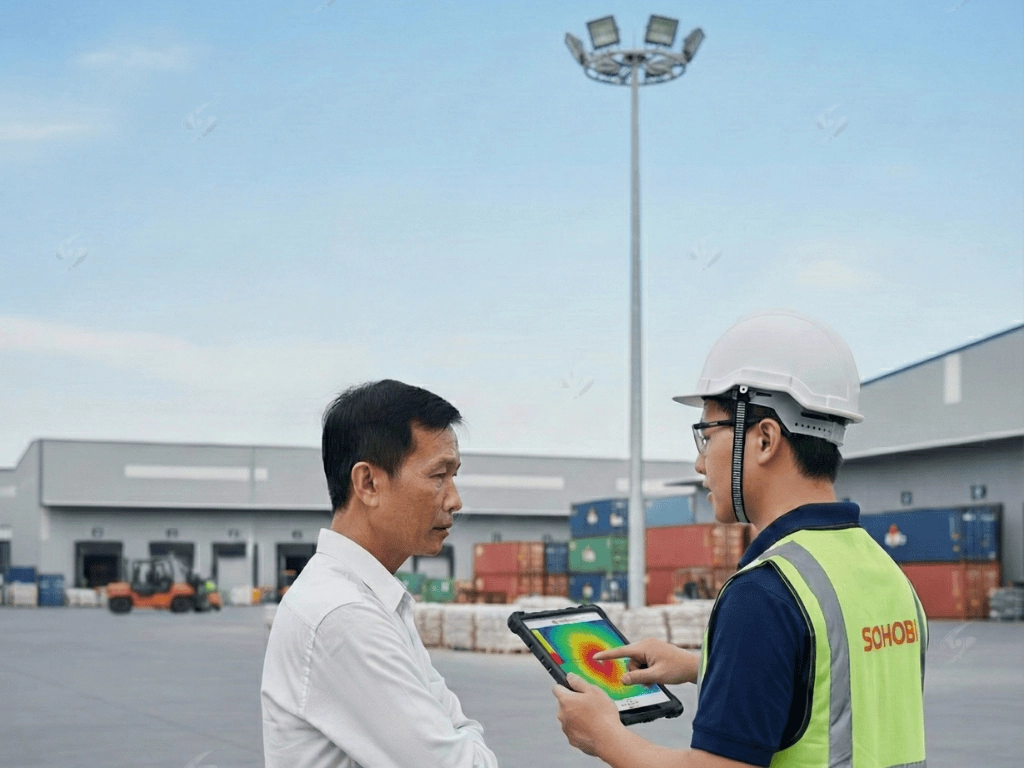 Thi công đèn LED ngoài trời cho sân kho nhà xưởng
