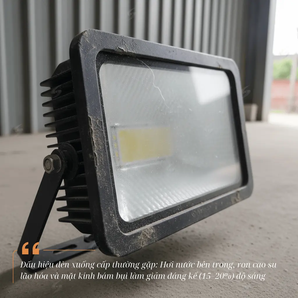 Dấu hiệu đèn xuống cấp thường gặp: Hơi nước bên trong, ron cao su lão hóa và mặt kính bám bụi làm giảm đáng kể (15–20%) độ sáng
