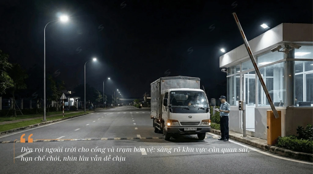 Chiếu sáng cổng và trạm bảo vệ bằng đèn rọi ngoài trời: đủ sáng, rõ ràng và dễ chịu cho mắt.